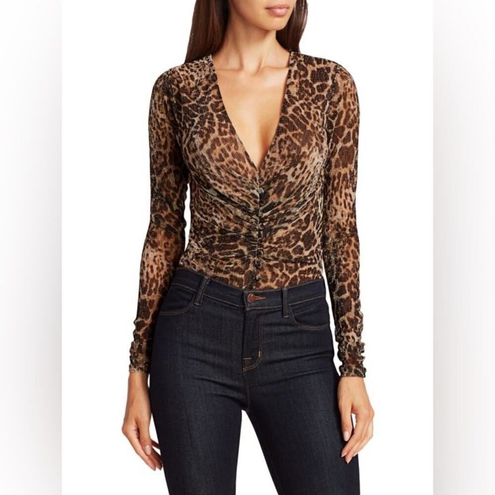 Scripted Women’s Leopard-Print Long-Sleeve Shimmery Bodysuit Size S NWOT